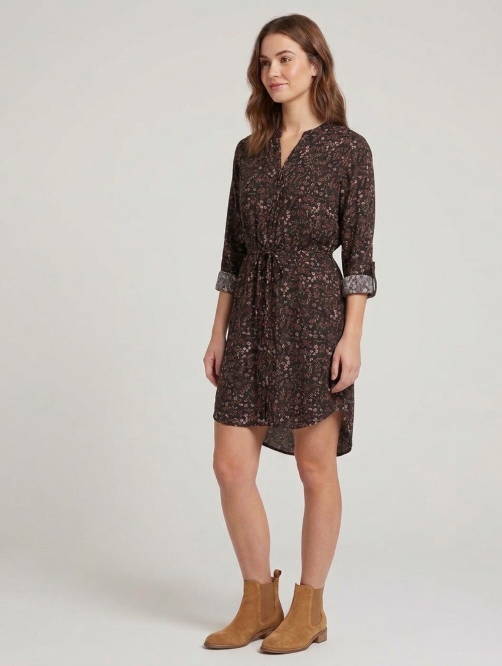 Ardene Black Floral Shirt Dress Long Sleeve Tie Waist Mini Boho Cottagecore Fall